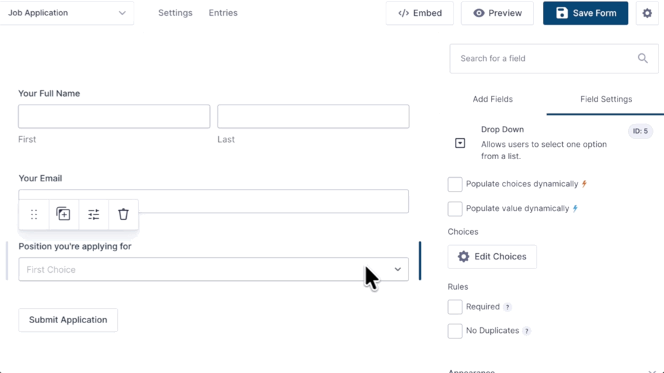 Job application form with a position dropdown populated dynamically from real job listings using GP Populate Anything
