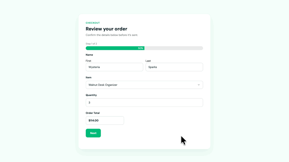 Filling out an order form, then reviewing every entered detail in a summary before submitting