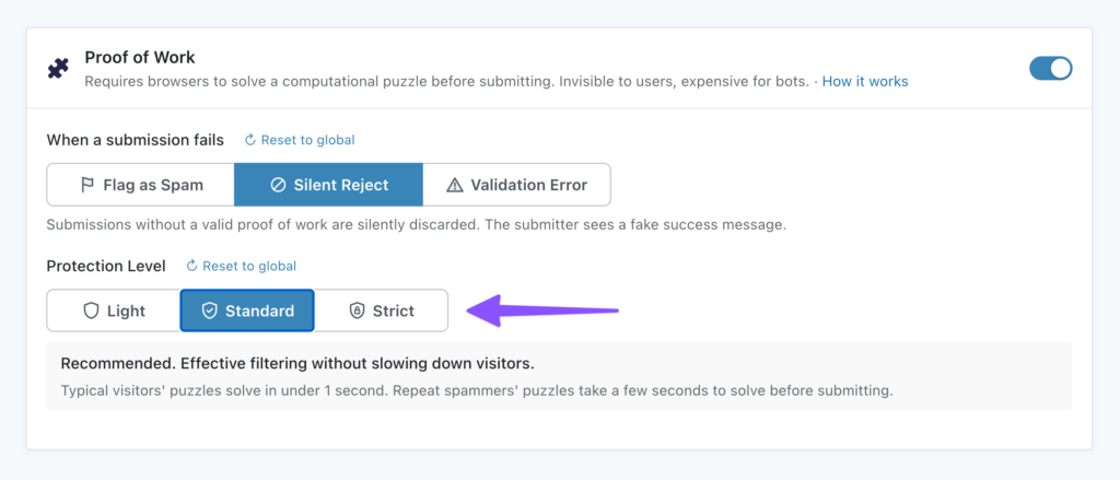 Proof of Work settings panel showing Silent Reject selected and Standard protection level highlighted.