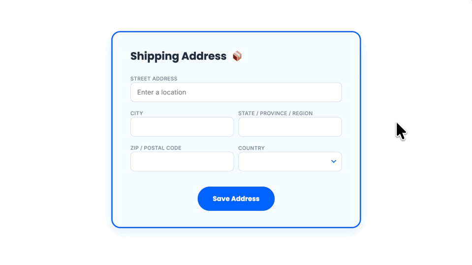 Typing three characters into an address field and selecting a Google-powered suggestion to fill in the full address