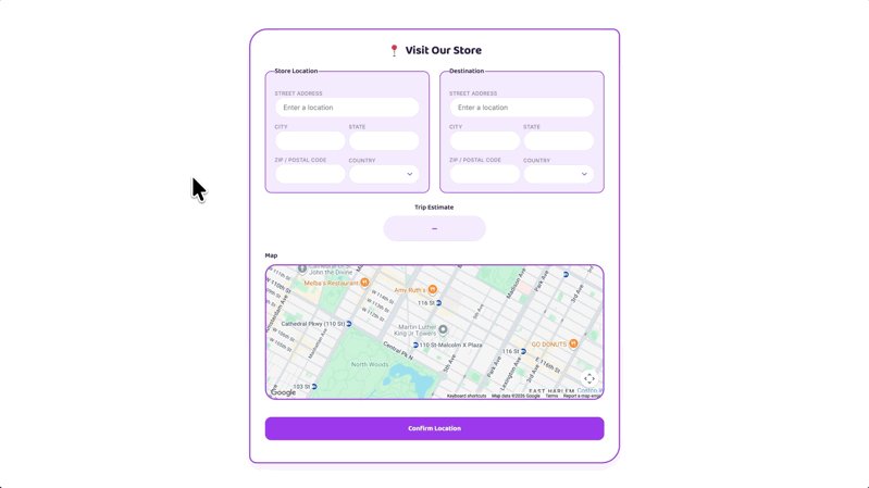 Map marker updating as an address changes, then displaying a route between two addresses