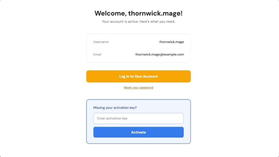 Activation page personalized with merge tags for username, email, and login link