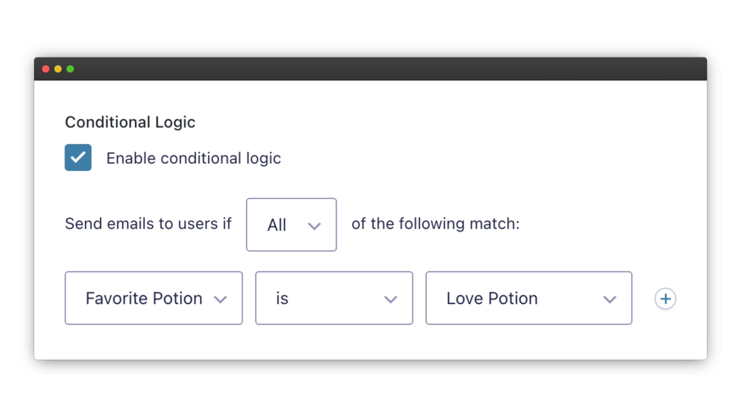 Conditional logic rule sending emails only to users whose Favorite Potion is Love Potion