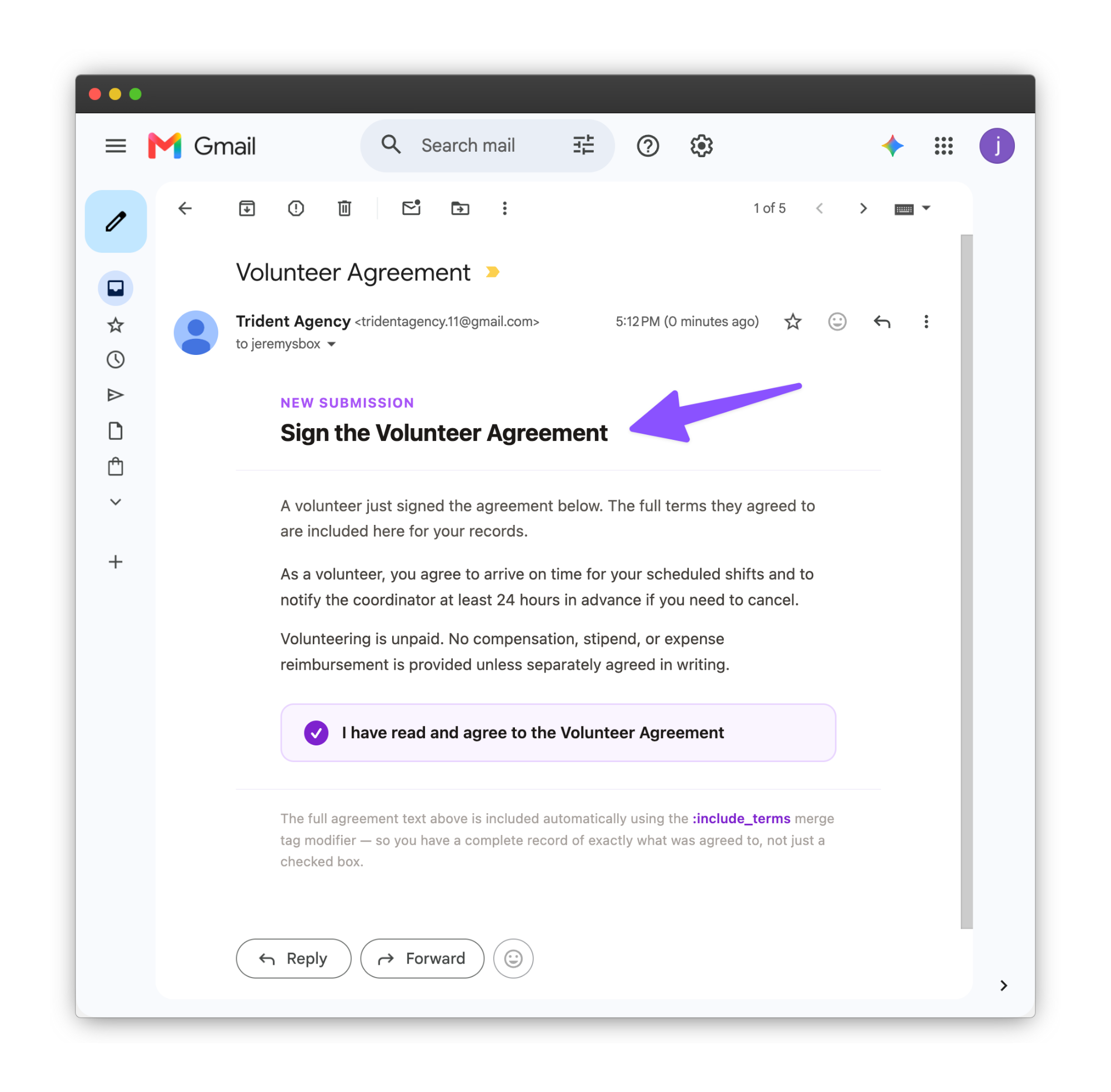 Notification email showing the full agreement text alongside the checkbox confirmation, not just a yes or no
