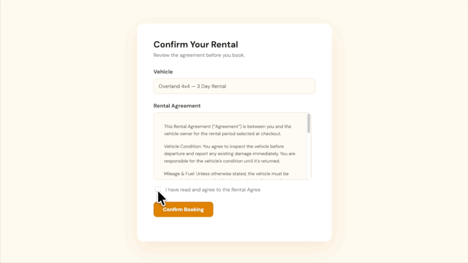 Rental agreement checkbox staying disabled until the user scrolls to the bottom of the terms
