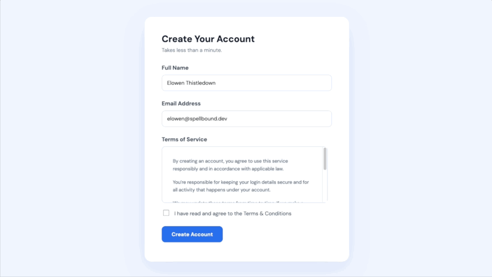 Terms of Service field showing full terms text with an agreement checkbox