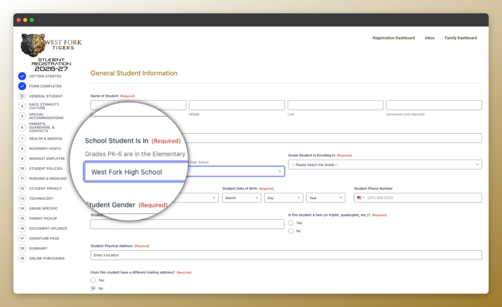 West Fork’s student registration form.