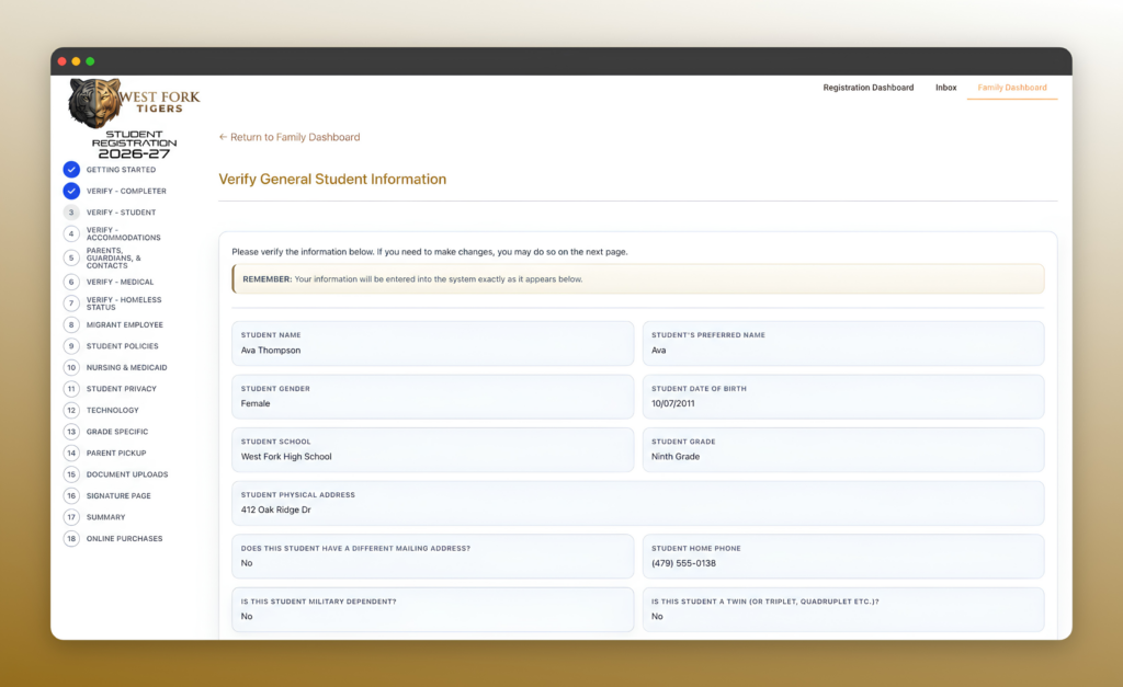 Returning student verification view with current student information ready to review.