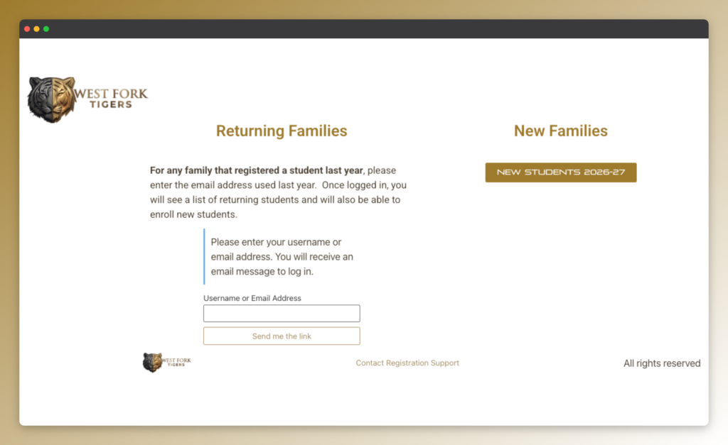 West Fork registration login page with separate options for returning and new families.