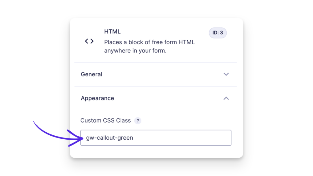Gravity Forms HTML field settings with the Appearance tab open, showing the Custom CSS Class field filled in with gw-callout-green.