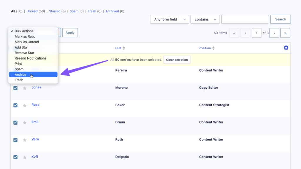 Entries selected with Archive chosen in the Bulk actions dropdown.