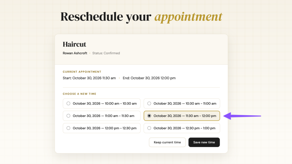 Rescheduling a haircut from the booking management page, with new times shown as a simple list of available slots.