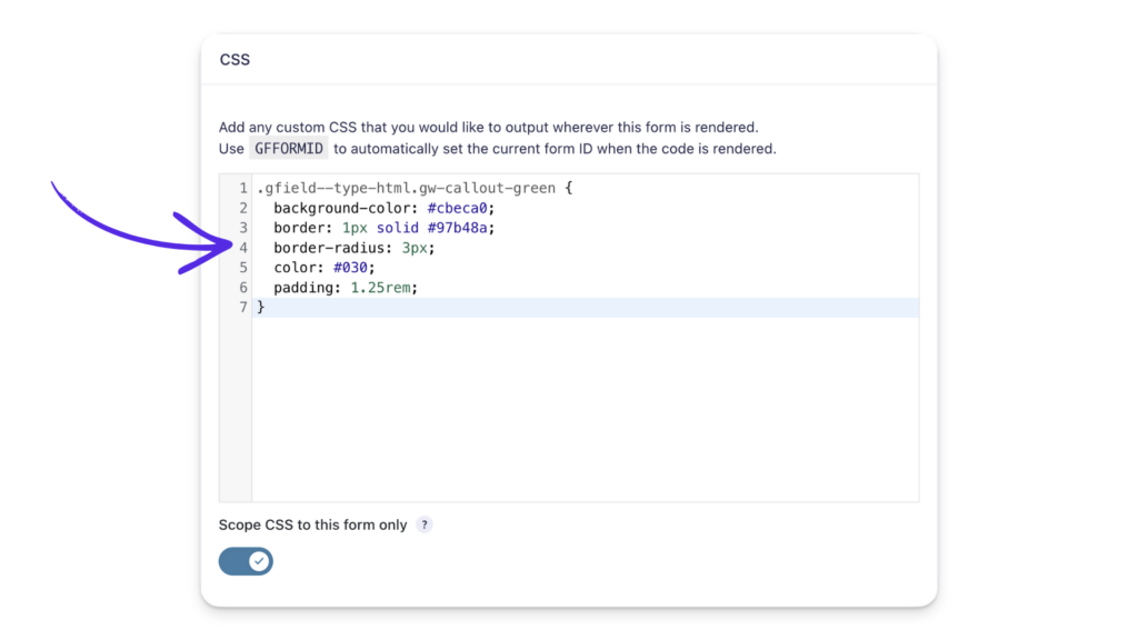Code Chest CSS editor showing the CSS snippet for the gw-callout-green class, with "Scope CSS to this form only" enabled.