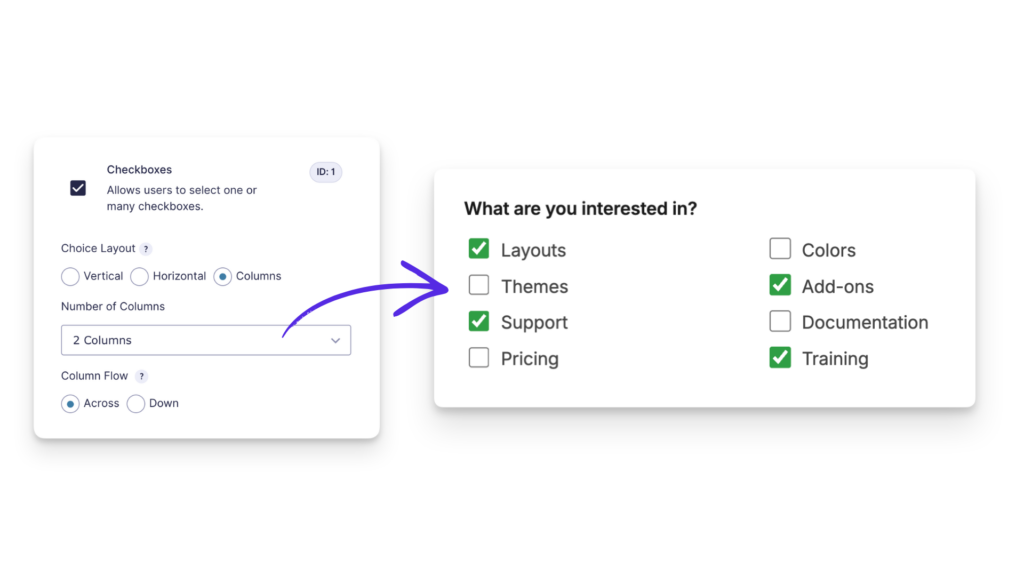 Checkbox field's Choice Layout setting changed to 2 columns, next to the resulting checkbox list displayed in two columns on the front end.