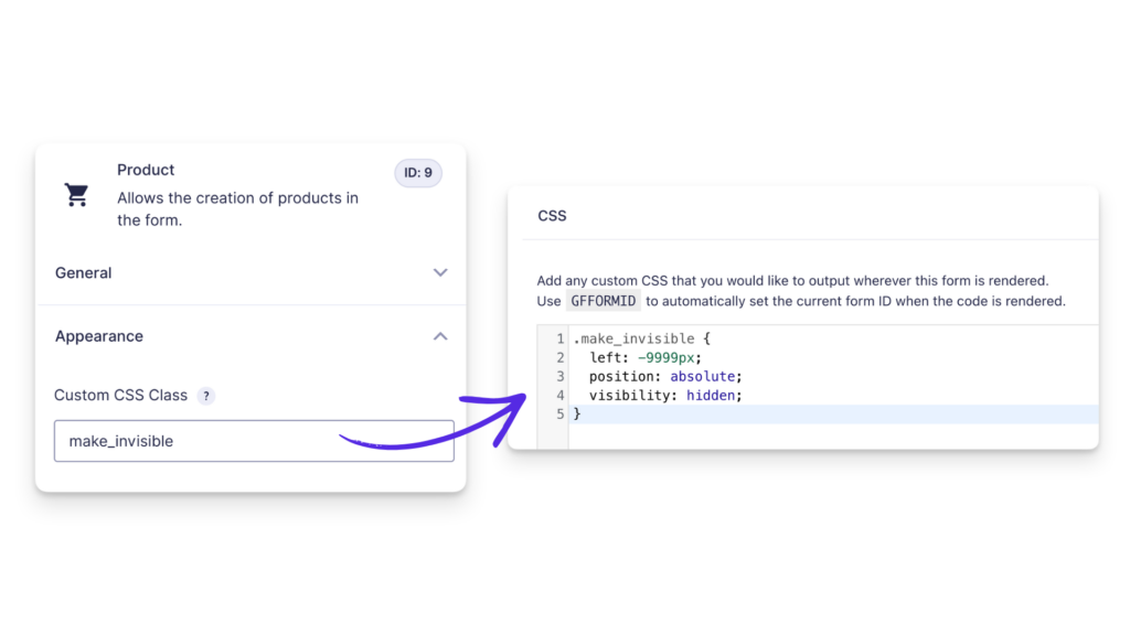 Product field's Custom CSS Class set to make_invisible, next to the matching CSS in Code Chest that actually hides it (position: absolute, left: -9999px, visibility: hidden).