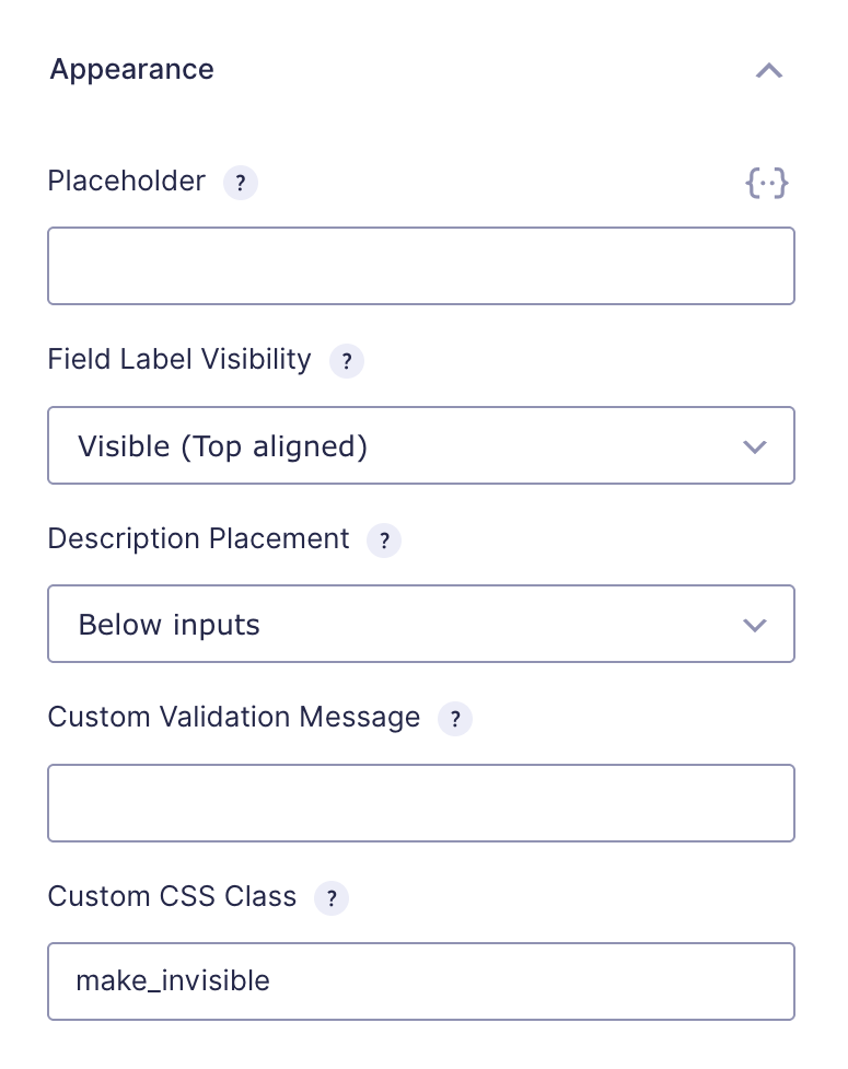 Gravity Forms field Appearance settings with make_invisible entered in the Custom CSS Class field.