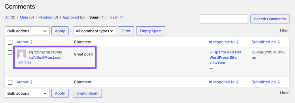 A spam comment caught and sitting in WordPress's Comments Spam queue.