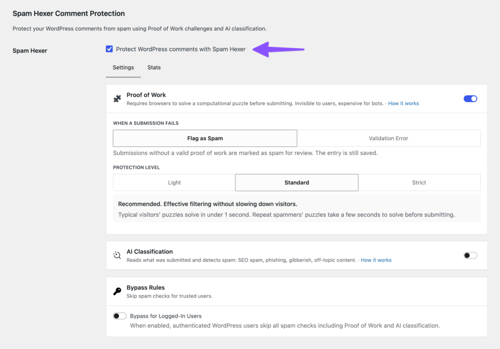 The Spam Hexer comment protection panel with Flag as Spam and Standard protection level selected.