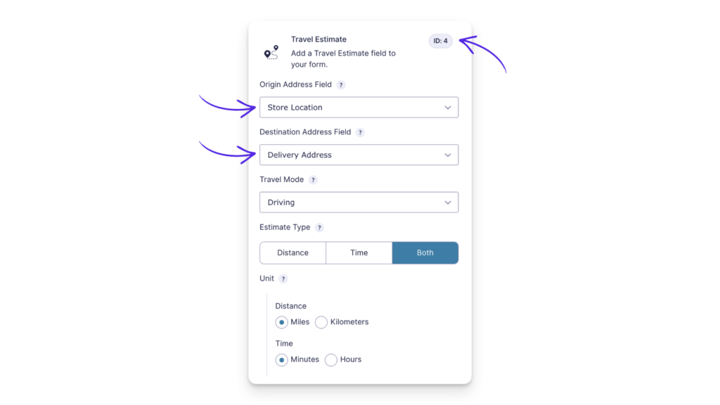 Travel Estimate field settings with origin, destination, travel mode, and units