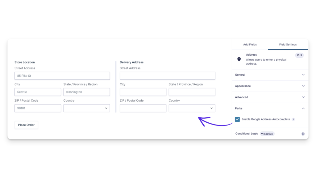 Address field settings with Enable Google Address Autocomplete checked