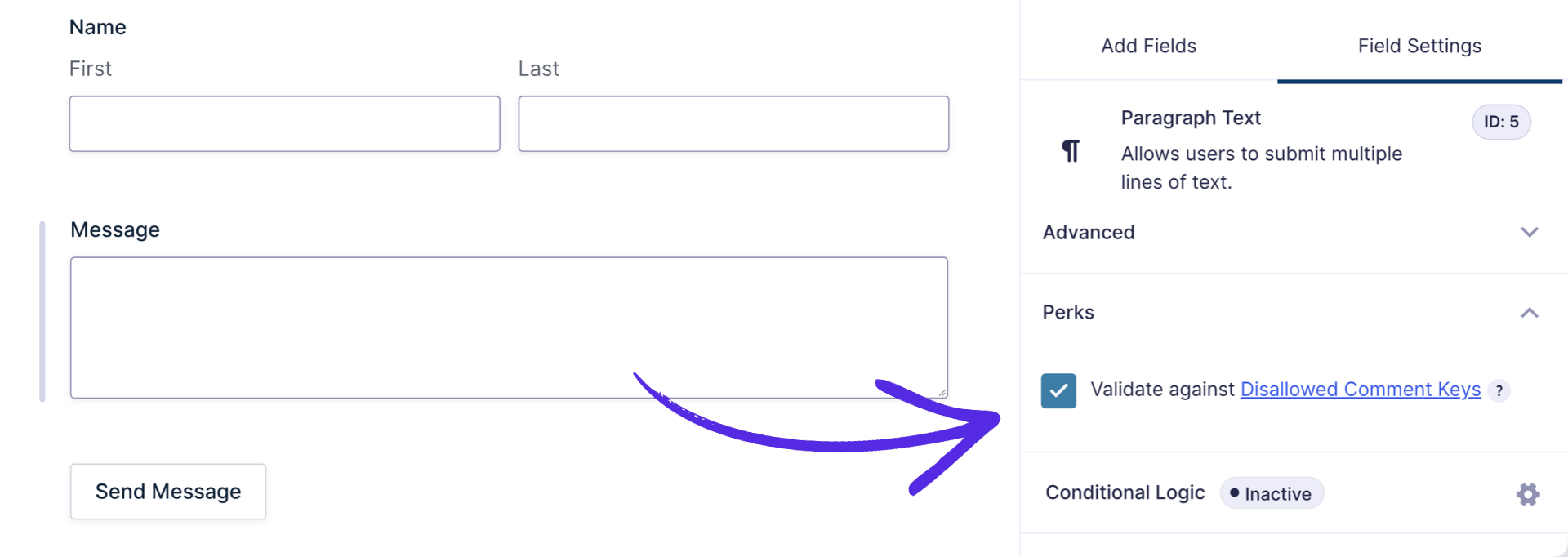 WordPress Disallowed Comment Keys setting listing blocked words, phrases, an email, a domain, a single IP address, and an IP range