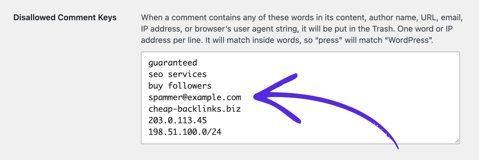 Gravity Forms field settings for a Paragraph Text field with Validate against Disallowed Comment Keys checked under Perks