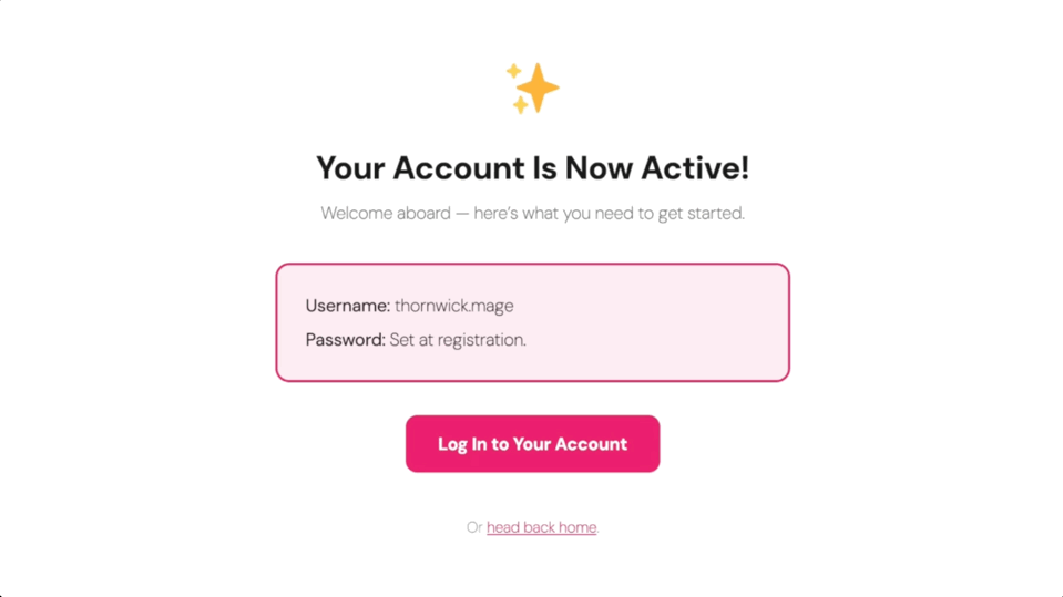 A custom activation page on a WordPress site confirming the account is now active, with a log-in button