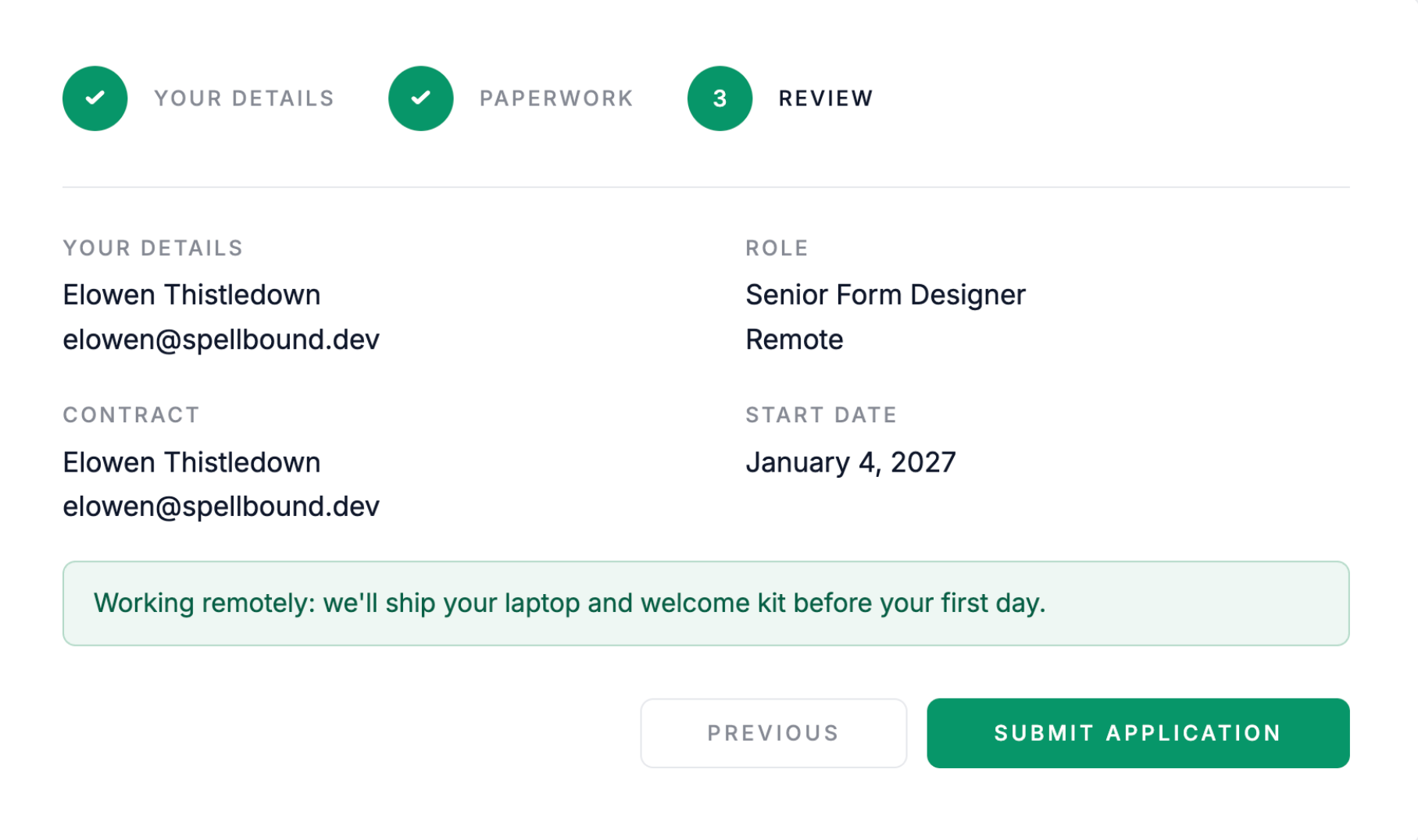 Custom review page showing an applicant’s answers under headings, with a note for remote roles