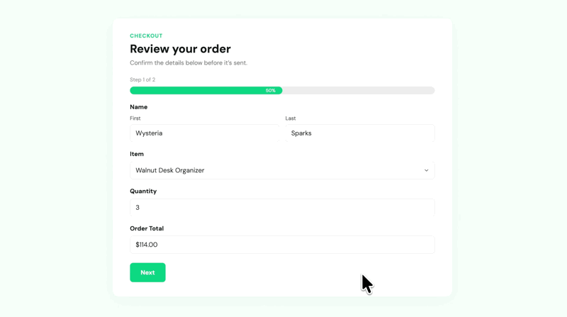 Filling out an order form, then reviewing every entered detail in a summary before submitting