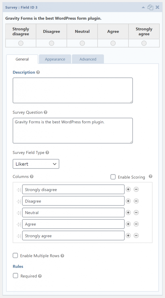 Configuring the Gravity Forms survey field