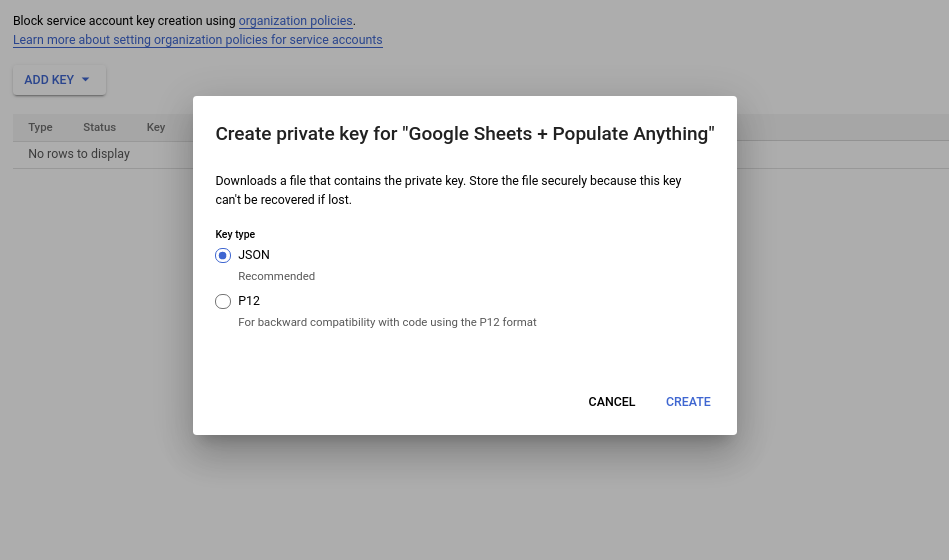 create a private key for google sheets and populate anything in wordpress