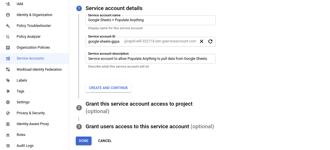 add populate anything to google sheets service accounts