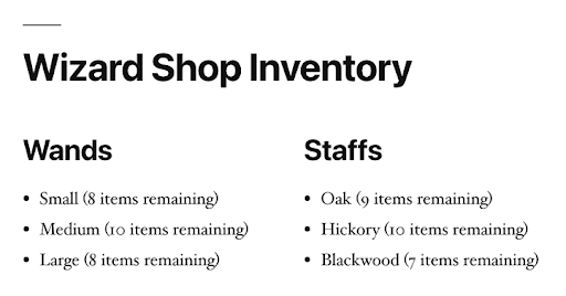 wizard shop inventory