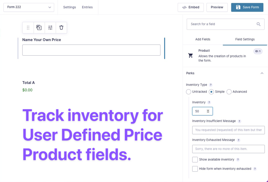 gravity forms inventory user defined pricing