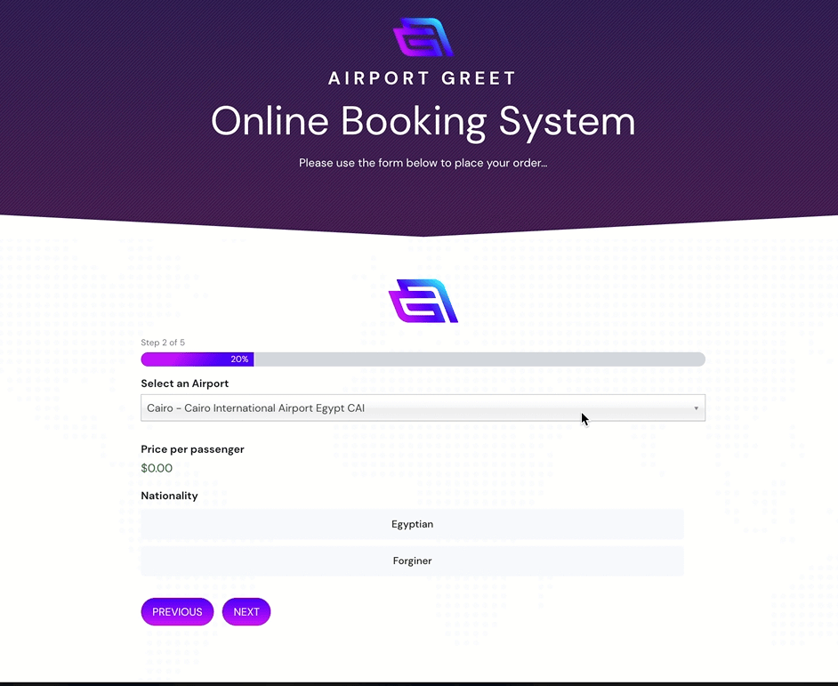 airportgreet's booking form using gravity forms conditional pricing